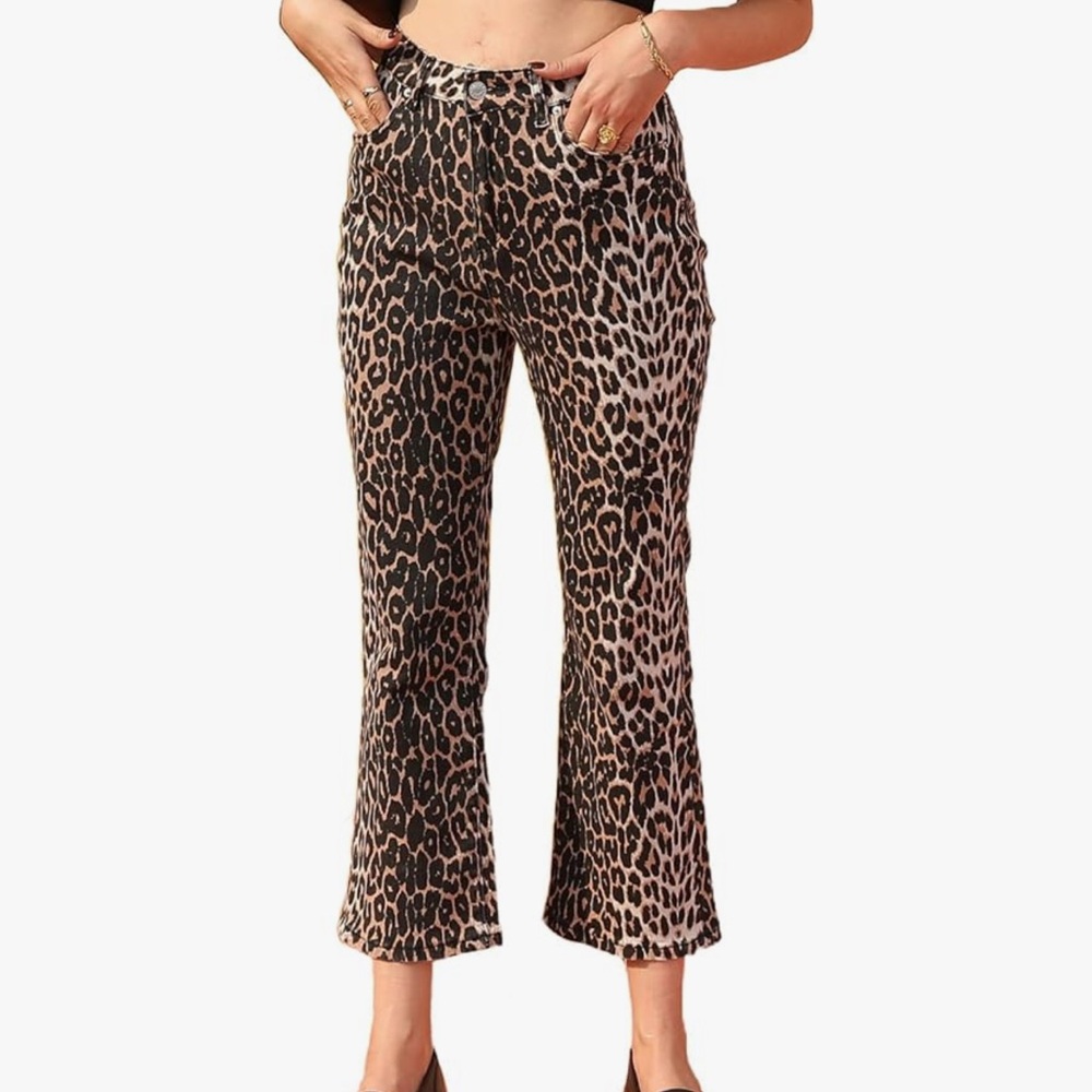 Animal Print Leopard Brown Kick Crop Flare Ankle  Jeans Stretch High Rise Women